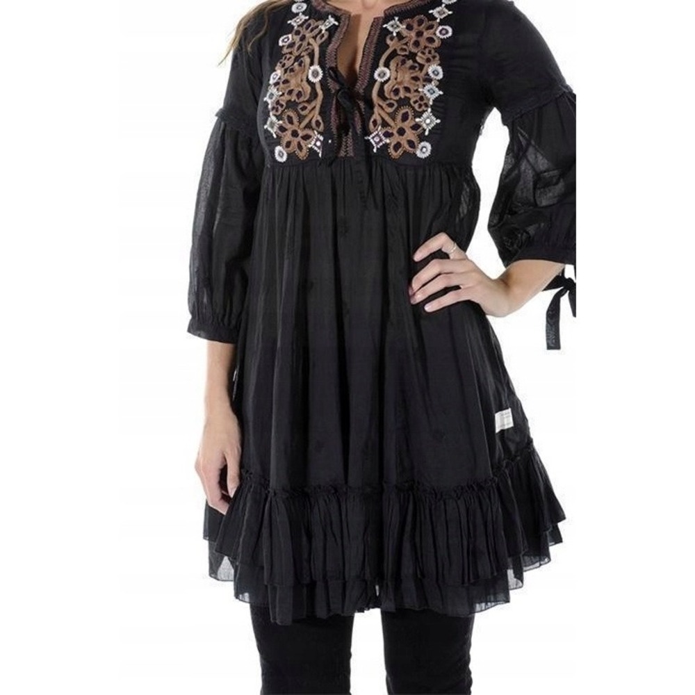 Anthropologie Odd Molly Embroidered Tunic Dress Boho Cotton Blend‎ Black Size 0